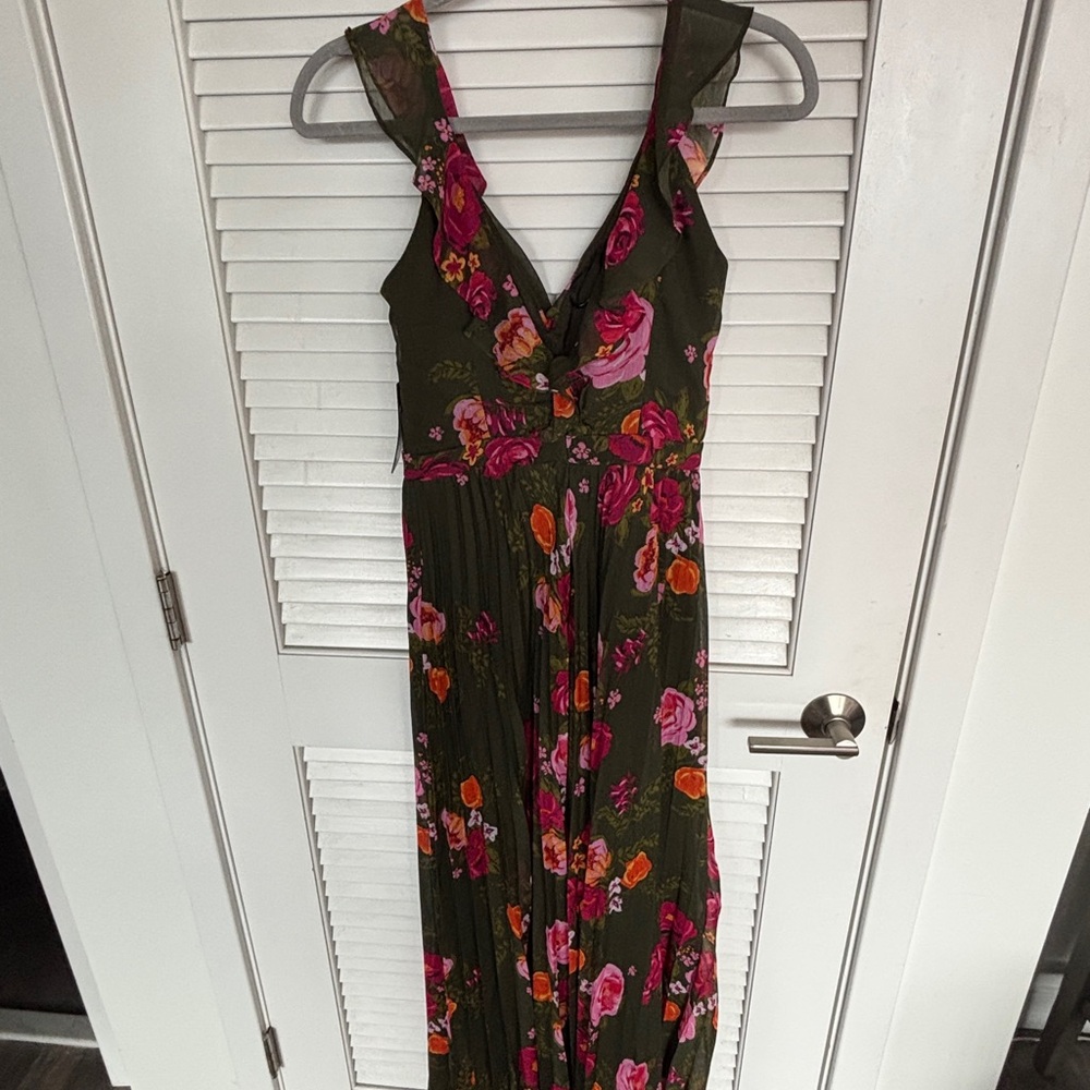 Olive Floral V-Neck Maxi Dress with Pink & Orange Blooms